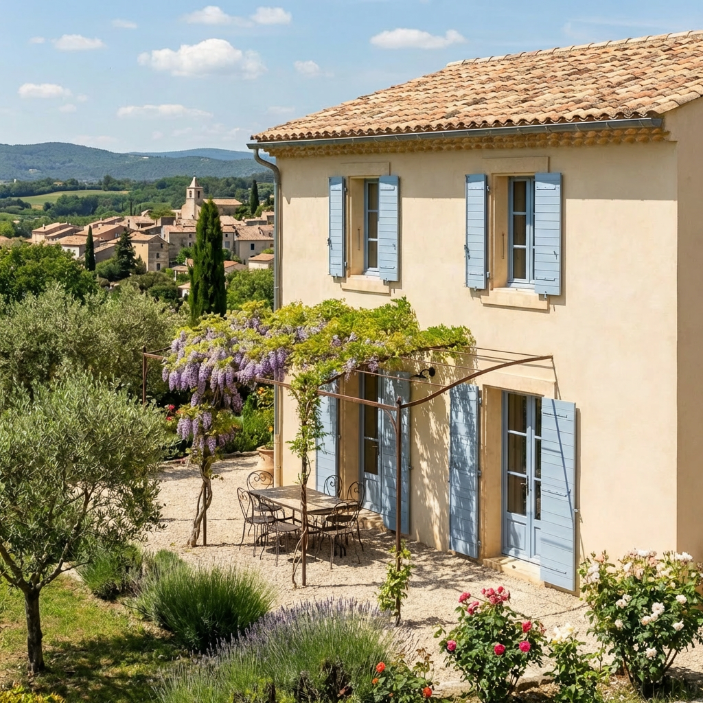 Stone farmhouse with sign 'LA BASTIDE DES POÈTES 2013' and blue shutters overlooking a village.
